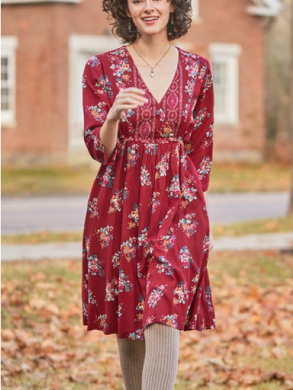 433. April Cornell Floral Long Sleeve Midi Dress Red